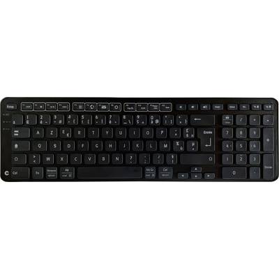 Clavier d'ordinateur noir avec disposition allemande QWERTZ, touches de fonction dans la rangée supérieure, pavé numérique absent sur le côté droit.