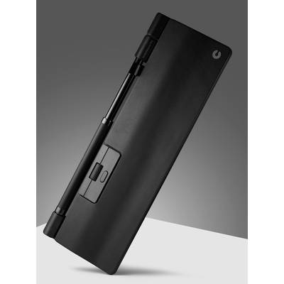Clavier noir pliable avec un design élégant et un stylet amovible sur un fond neutre. Technologie moderne et portable.