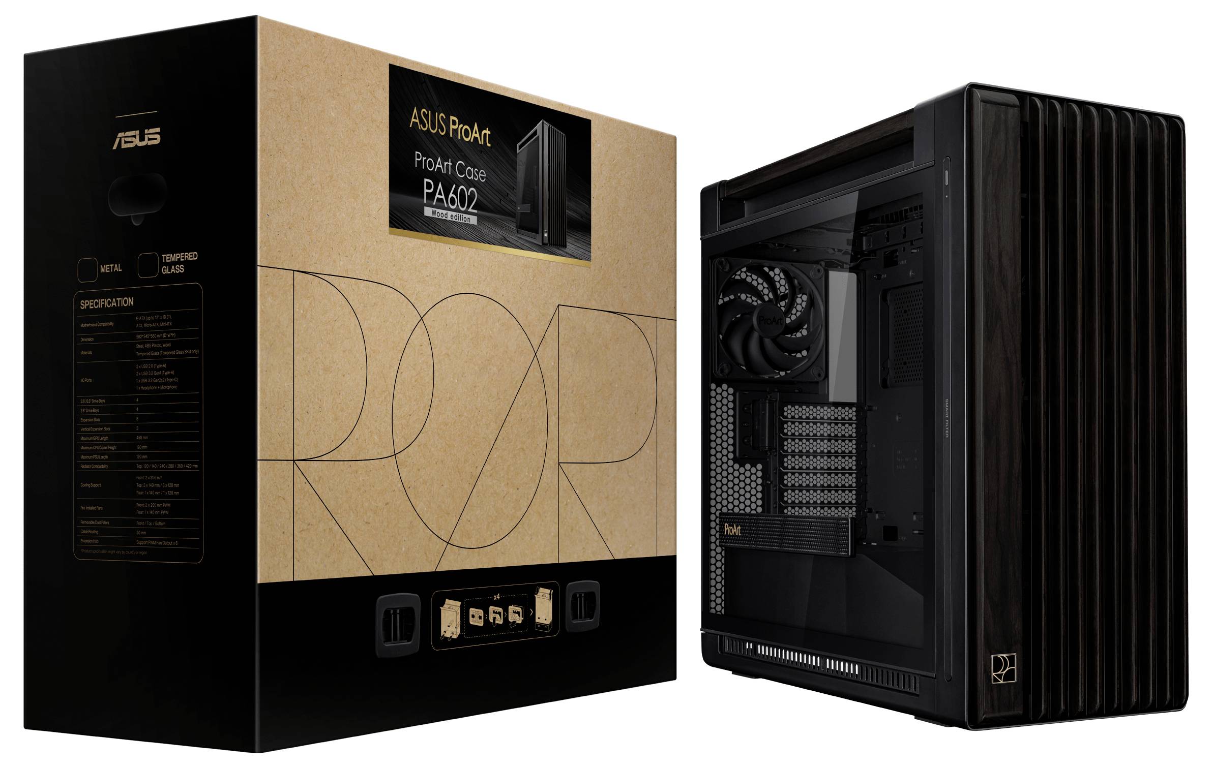 Emballage et boîtier 'ASUS ProArt Case PA602'. L'emballage présente les informations du produit. Le boîtier dispose d'un design moderne et noir.