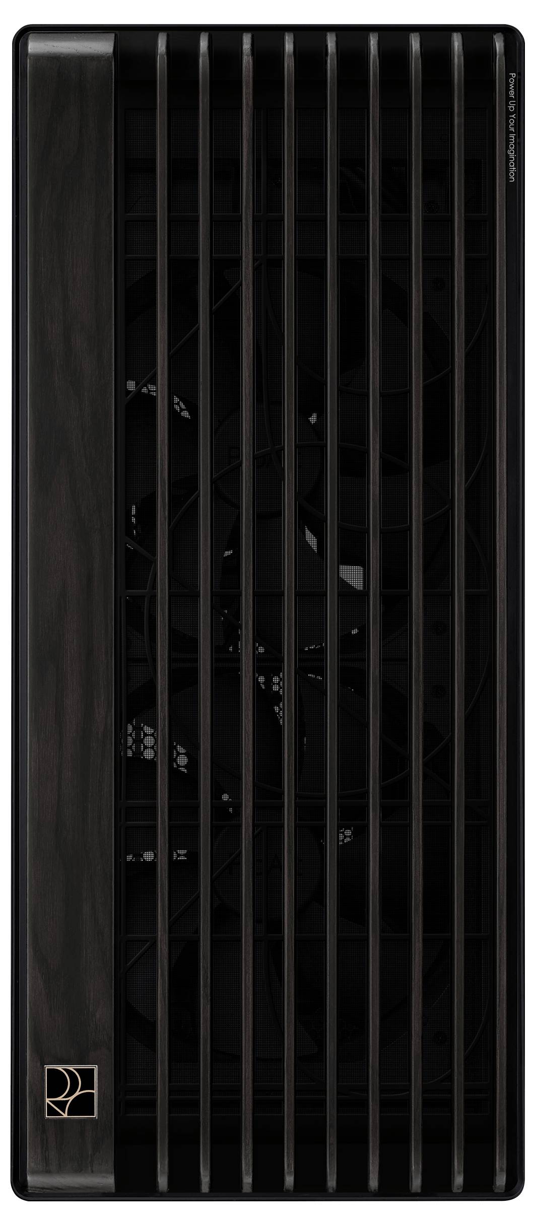 Haut-parleur noir vertical avec grille et logo visible dans le coin inférieur gauche.
