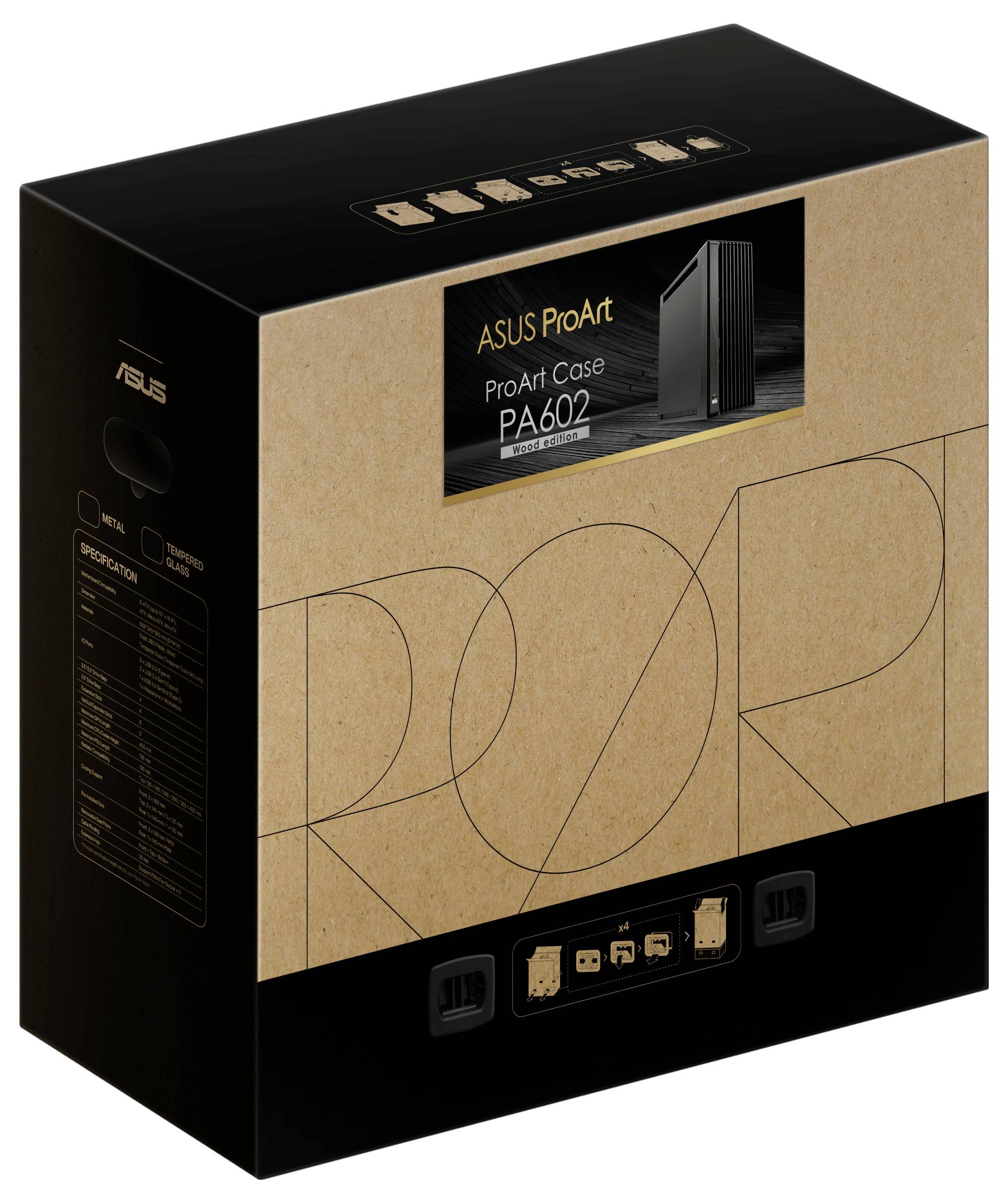 Emballage noir et brun du boîtier ASUS ProArt PA602, présentant l'image du boîtier et ses spécifications sur le côté gauche.