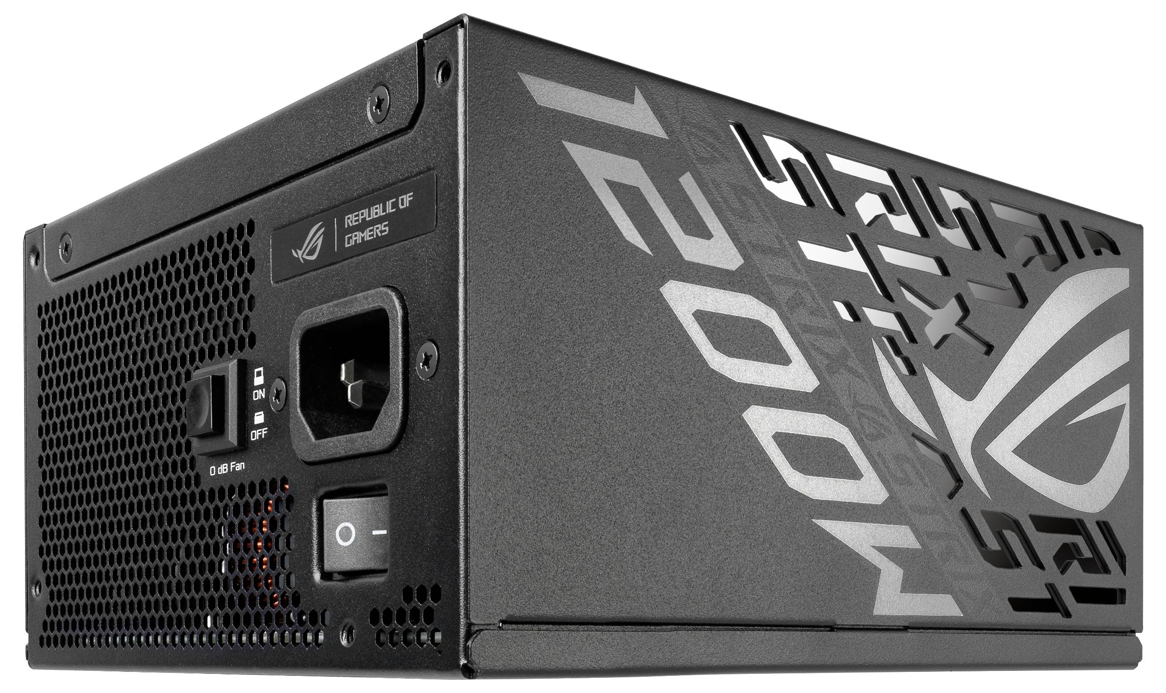 Un bloc d'alimentation noir et rectangulaire pour ordinateur avec l'inscription « ROG STRIX 1200W ». Il possède des fentes de ventilation et un interrupteur marche/arrêt.