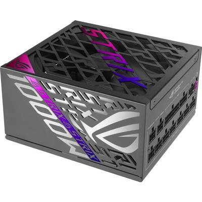 Bloc d'alimentation noir avec inscription colorée 'STRIX' et logo ROG, montrant le boîtier fermé et la grille de ventilation.