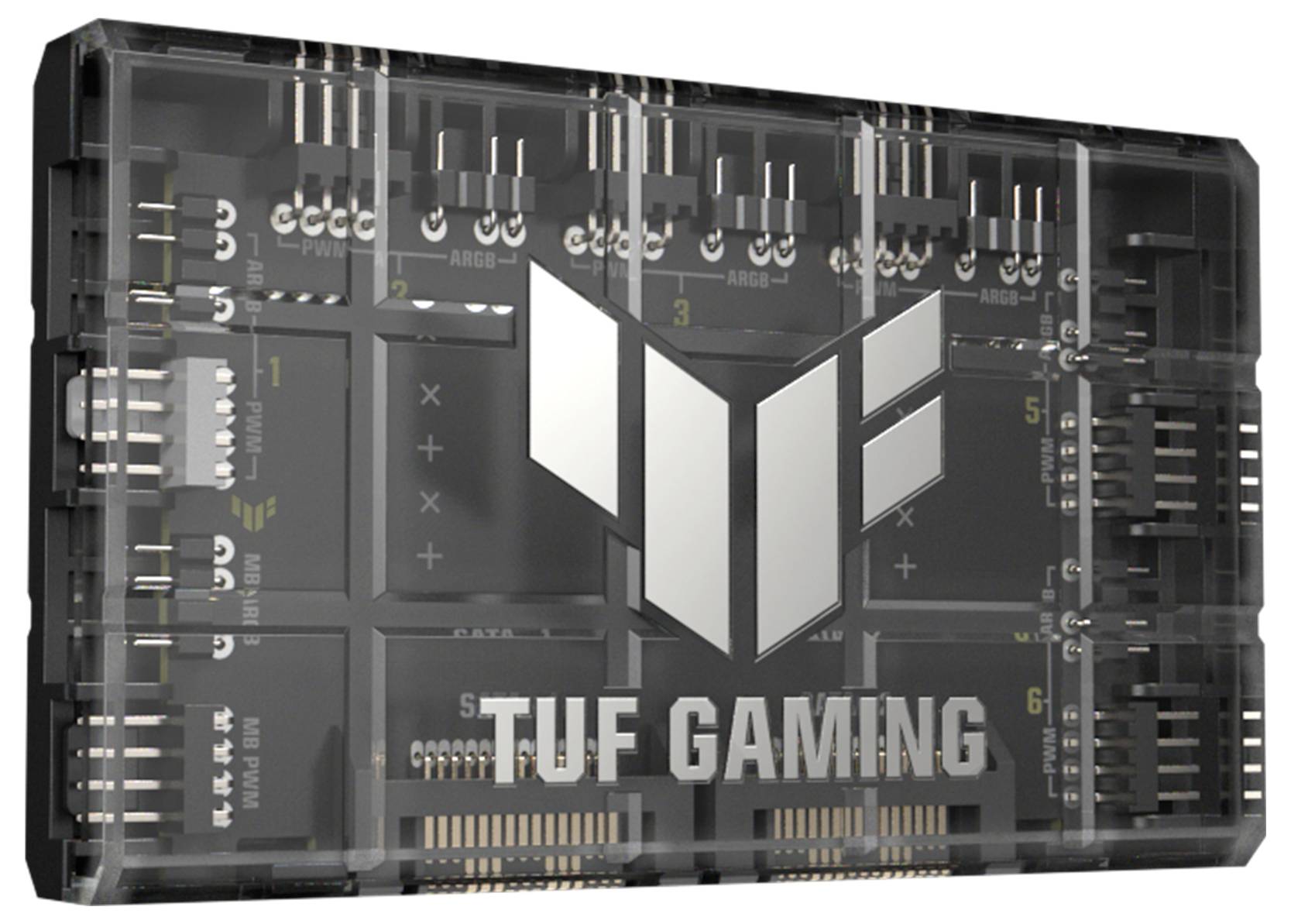 Hub de jeu ASUS TUF avec boîtier transparent, montrant les circuits internes et les connexions, logo de marque bien visible.