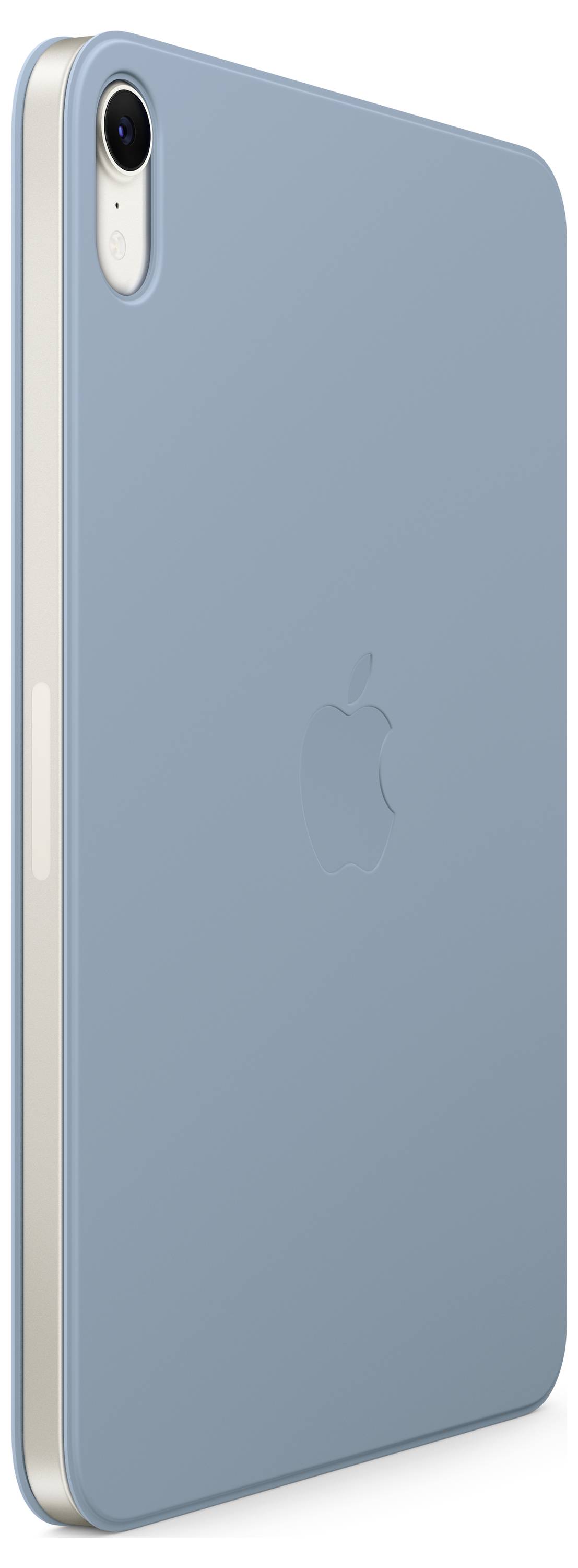 Vue arrière d'un smartphone bleu avec un objectif photo en haut à gauche et le logo Apple au centre. Le boîtier présente des bords arrondis.