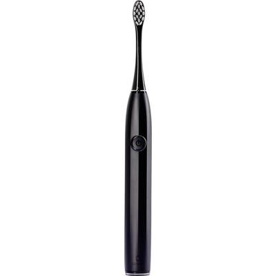 Brosse à dents électrique noire avec tête ronde et bouton marche/arrêt sur la poignée.