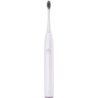 Brosse à dents électrique blanche avec tête ronde et poils gris, bouton marche/arrêt sur le côté.