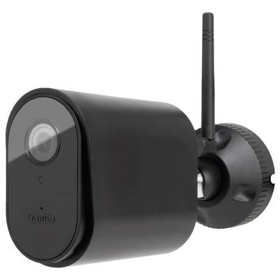 Caméra de surveillance noire avec antenne Wi-Fi, montée sur le côté.