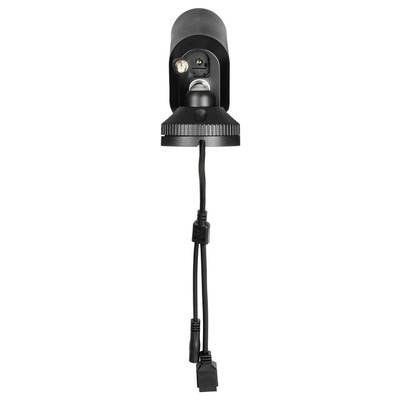 Caméra de surveillance externe noire avec connexions câblées. La caméra a un boîtier cylindrique et plusieurs ports à sa base.