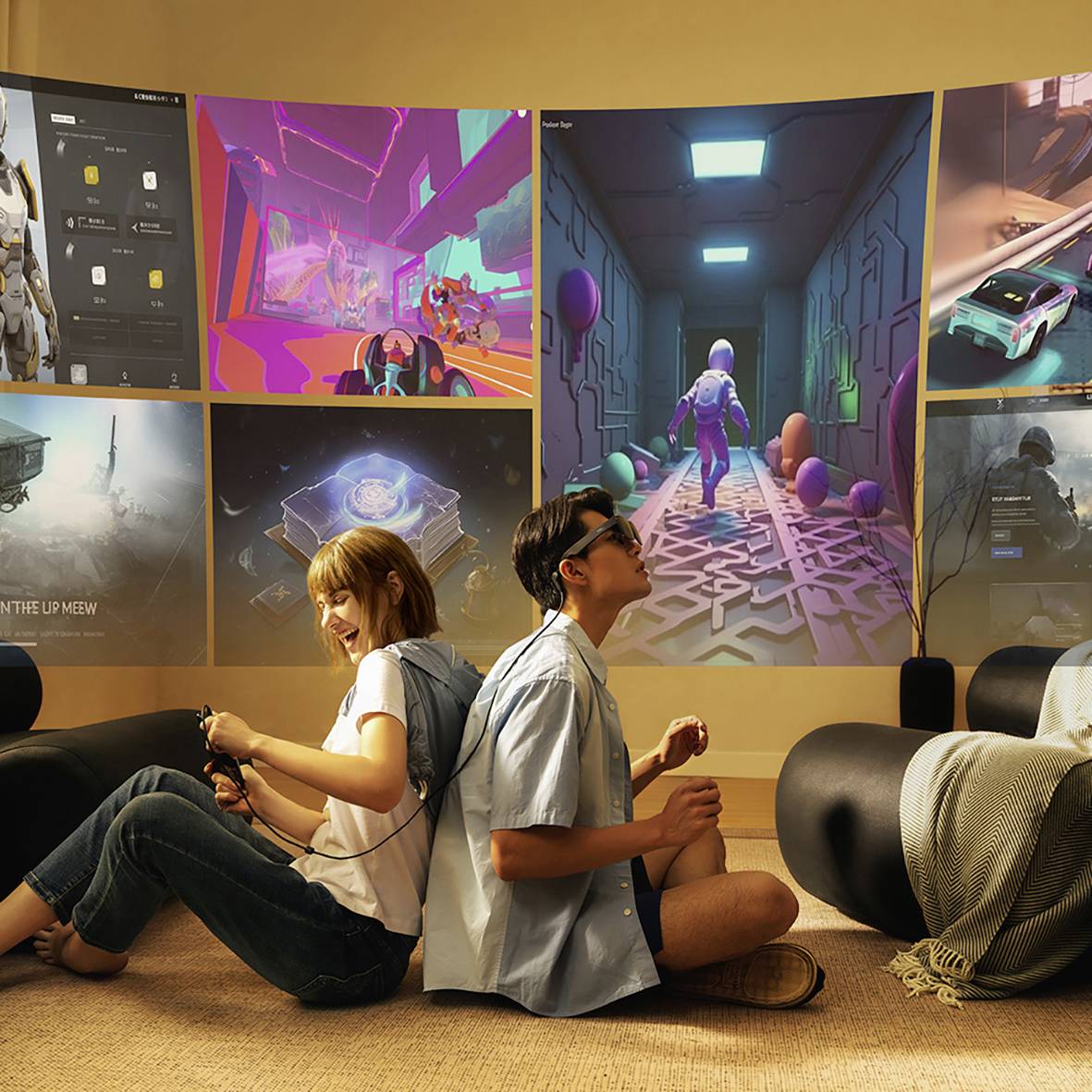 Deux personnes sont assises sur un canapé, entourées d'écrans géants qui affichent différentes vidéos et scènes. Elles semblent concentrées.