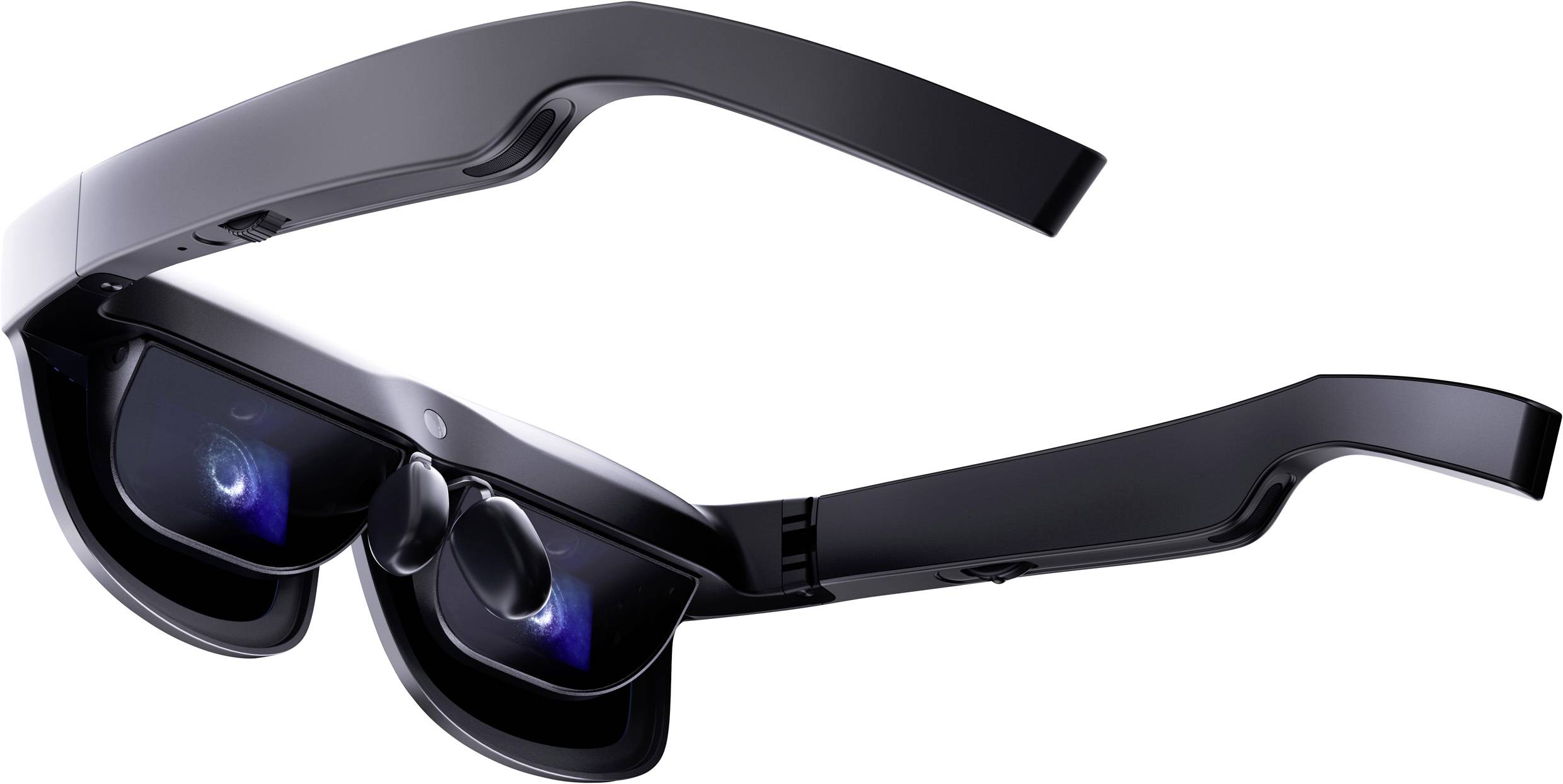 Une lunette de réalité augmentée futuriste avec des verres transparents et des montures noires, illustrant des technologies avancées de réalité augmentée.