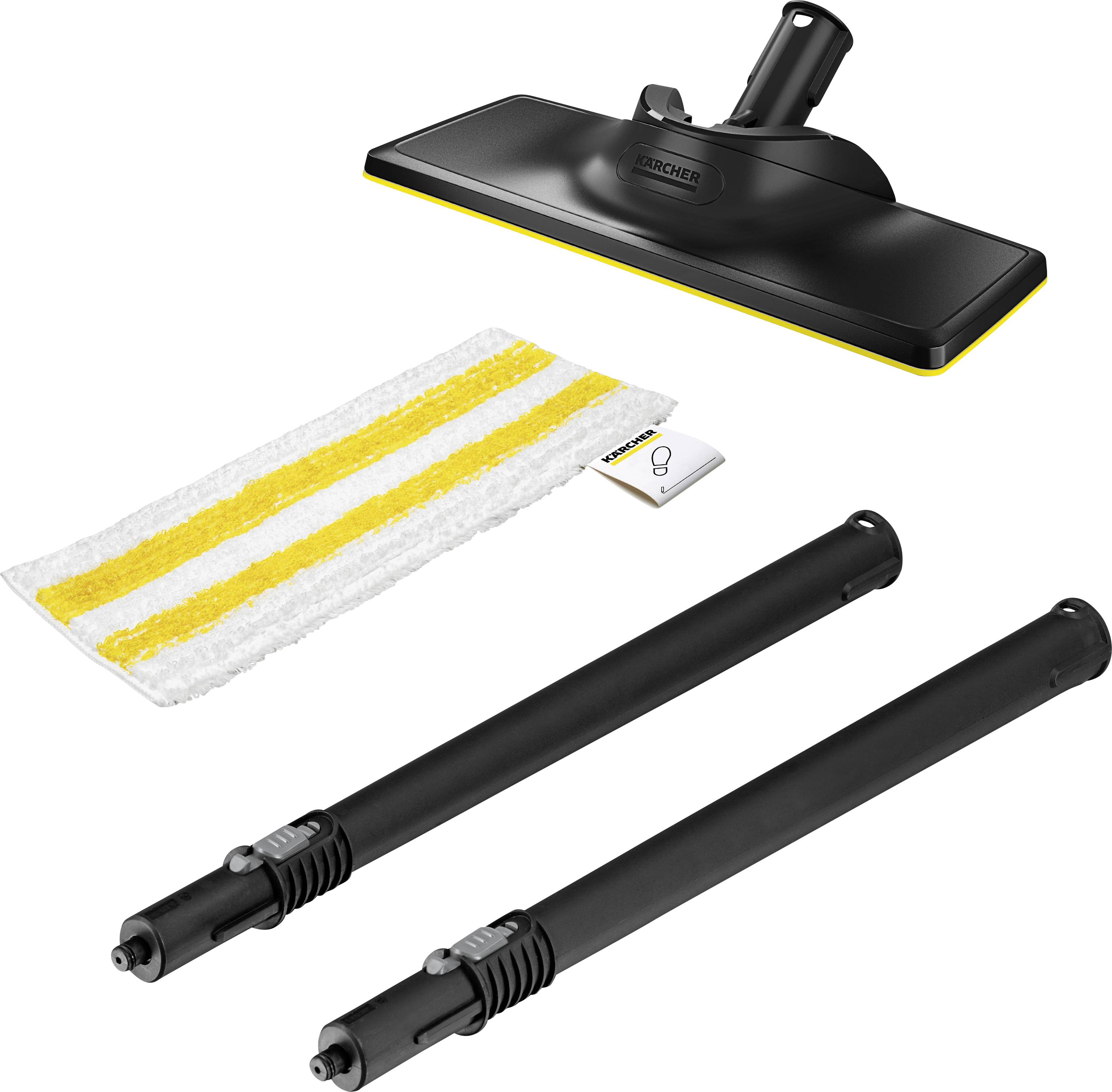 Sur l'image, on peut voir deux embouts de nettoyage à vapeur noirs accompagnés d'un chiffon de nettoyage en microfibre assorti et d'un petit accessoire.