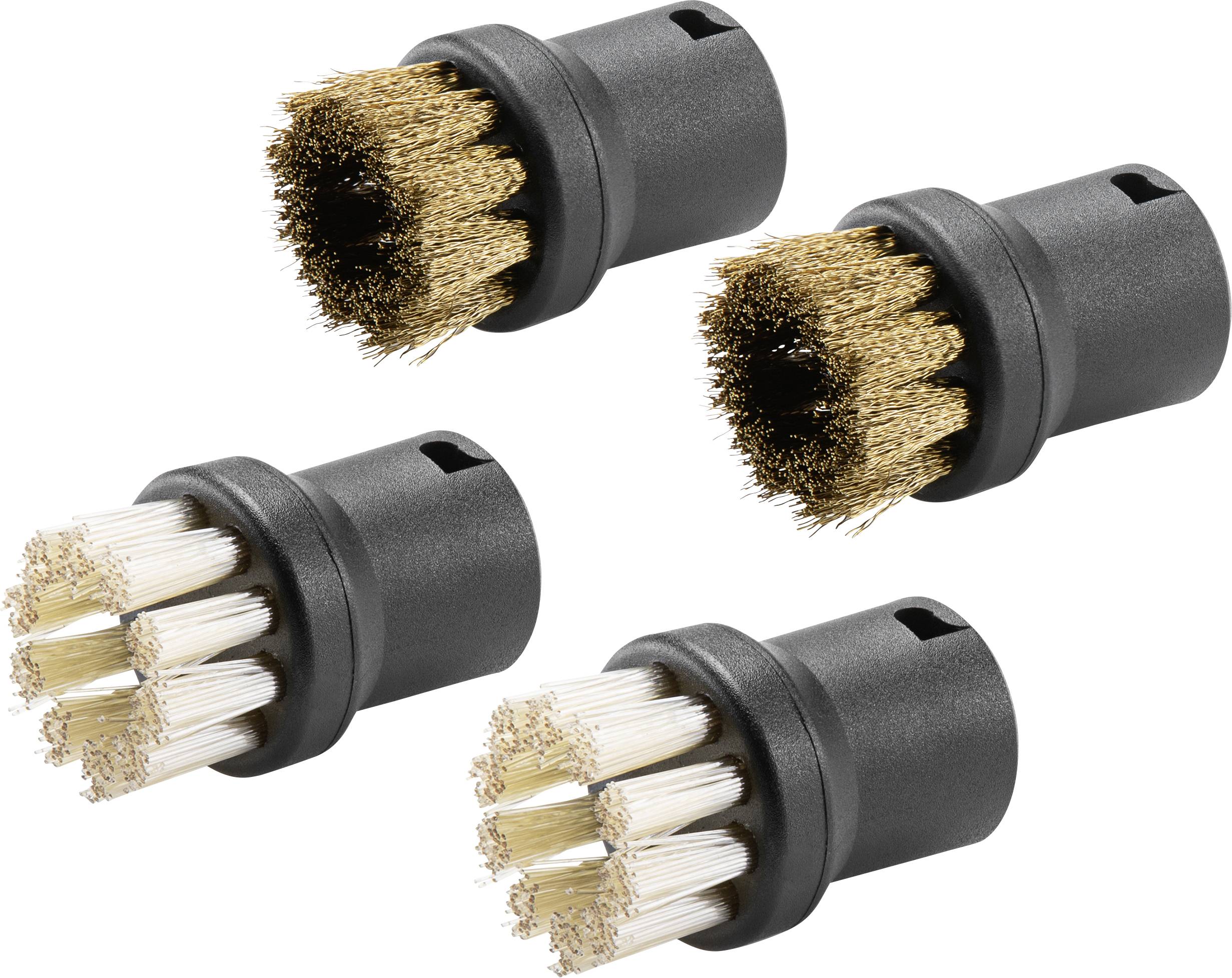 Quatre embouts de brosse en plastique avec des poils différents pour diverses applications de nettoyage, sur fond blanc.