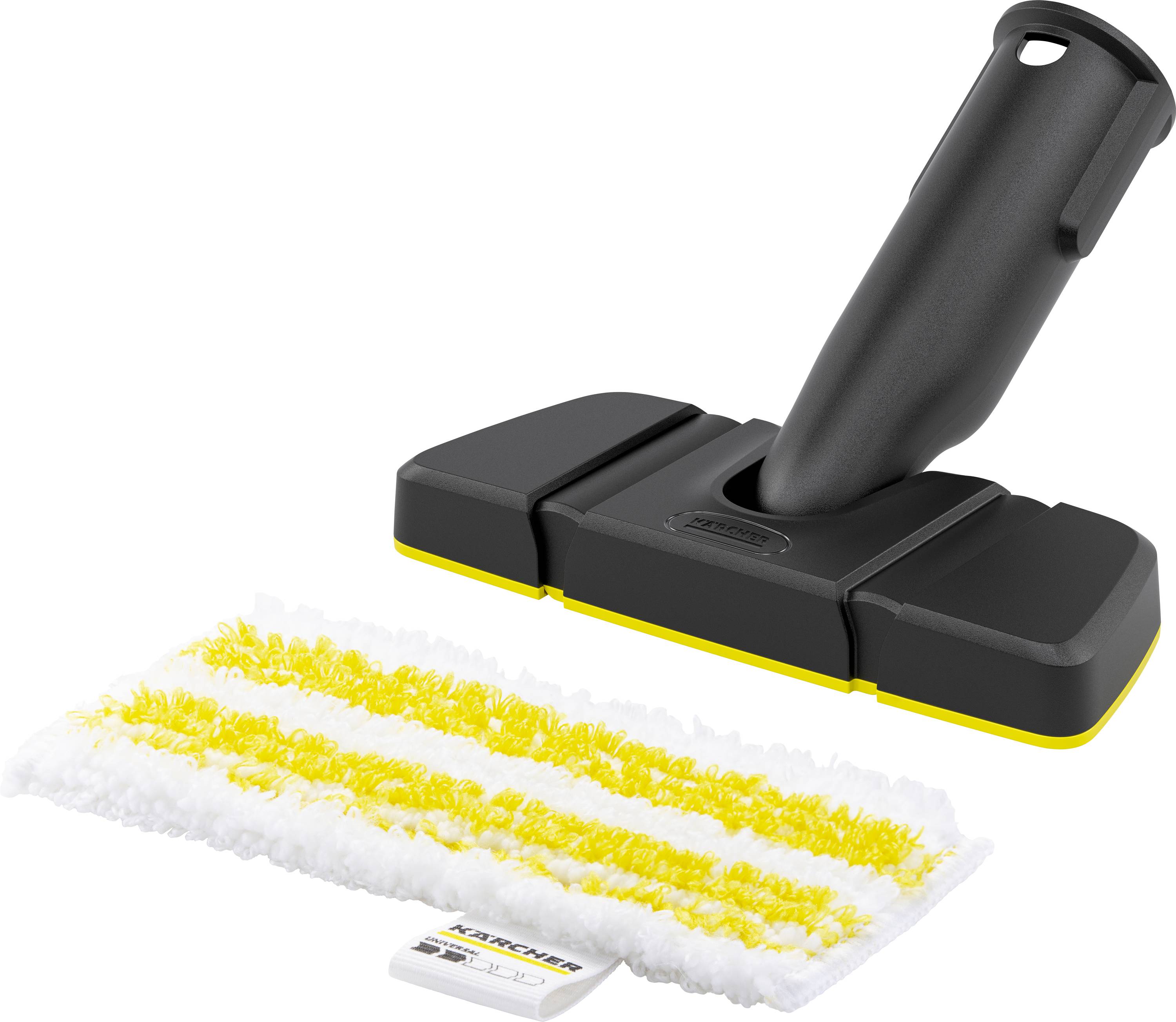 Serpillière en microfibre et embout de nettoyeur vapeur en noir et jaune, marqués 'Kärcher', pour un nettoyage de sol efficace.