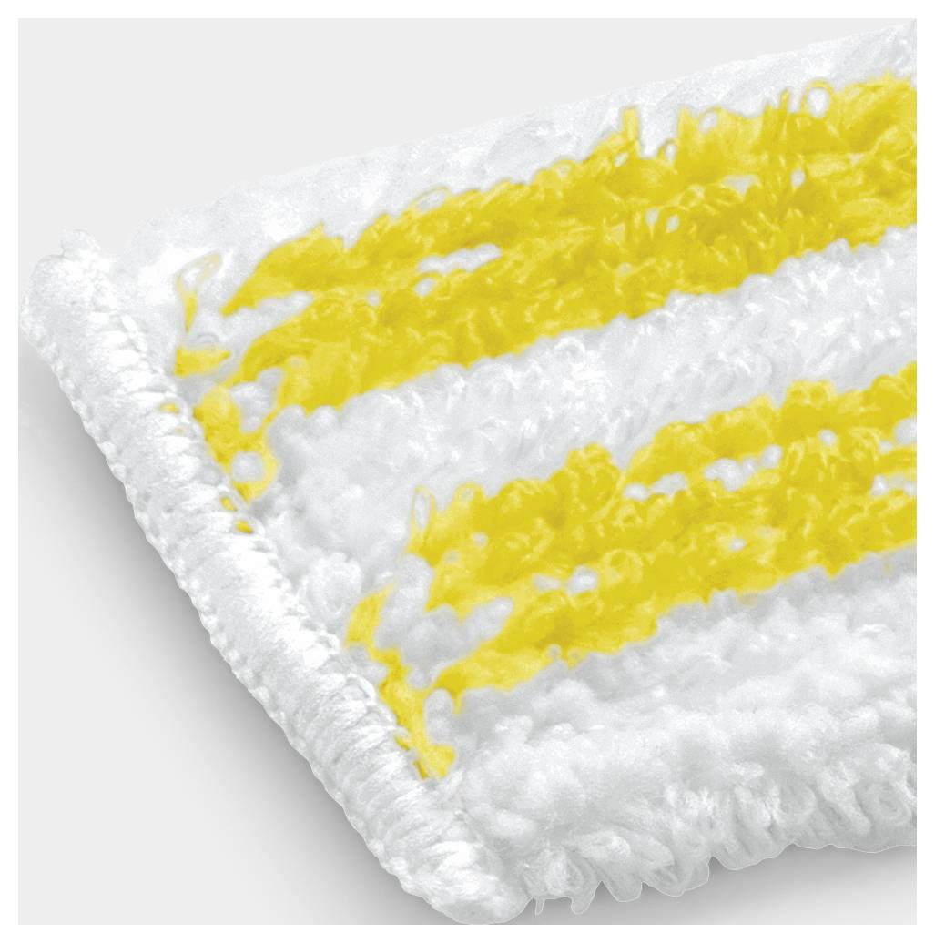 Texture de nettoyage blanche avec deux bandes jaunes. Gros plan sur le coin d'un chiffon en fibres épaisses et duvetées.