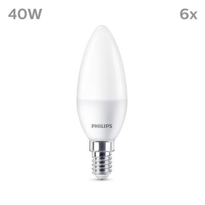 Ampoule LED type bougie, marque 'Philips', douille blanche, culot E14, 40 watts, lot de 6 pièces.