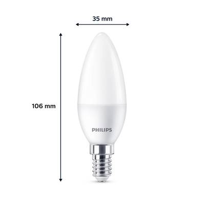 Ampoule LED Philips, forme bougie avec culot E14. Dimensions : 106 mm de hauteur, 35 mm de largeur. Économe en énergie pour luminaires.