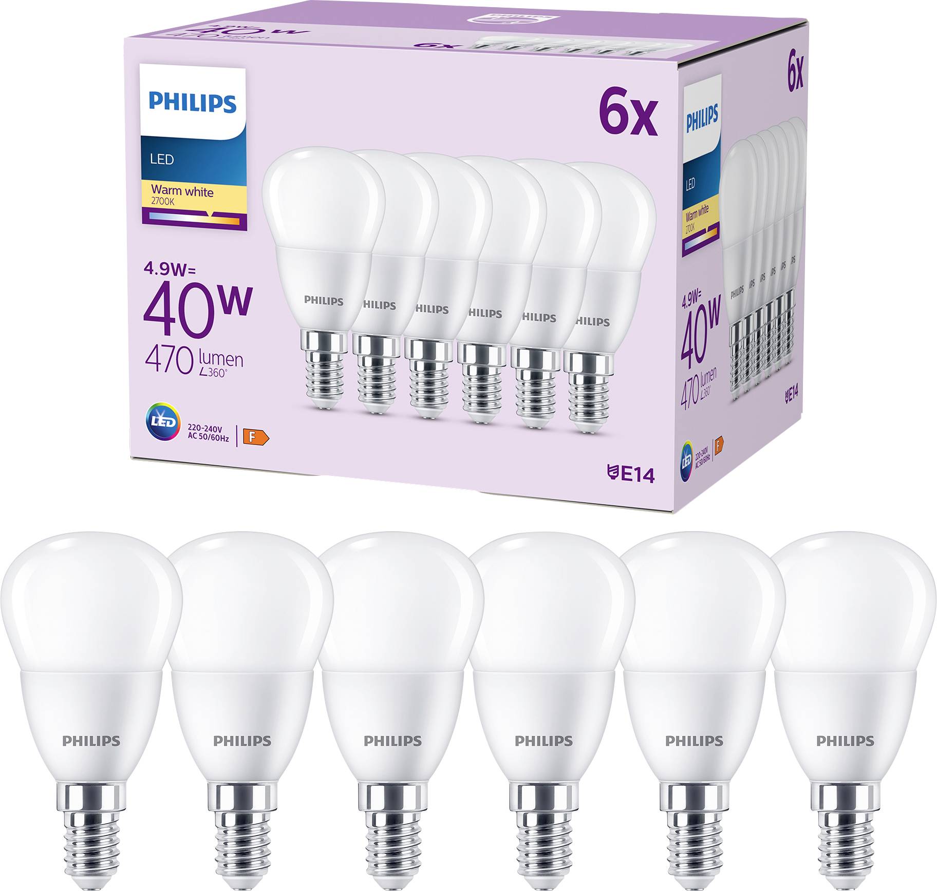 Six ampoules LED Philips, 40 W, culot E14, blanc chaud, 470 lumens. L'emballage arrière affiche les mêmes détails et le même nombre d'ampoules.