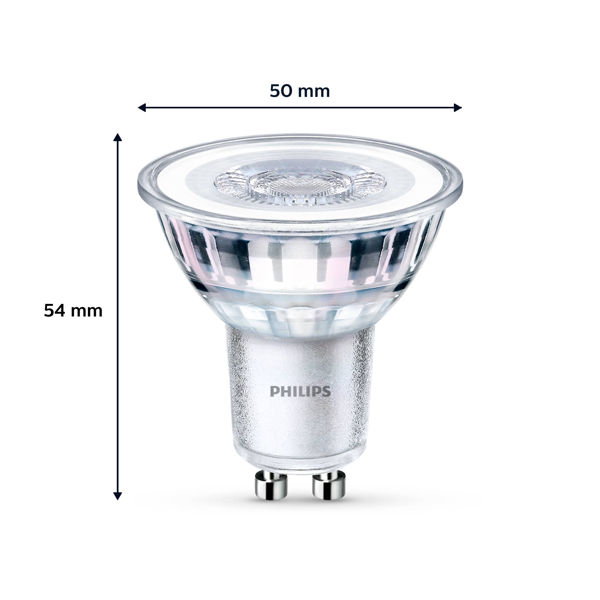 Lampe LED de Philips avec douille GU10, haute de 54 mm et large de 50 mm.