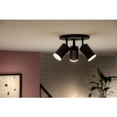 Trois spots de plafond éclairent une pièce aménagée de manière moderne avec un mur rose et une plante d'intérieur en arrière-plan.