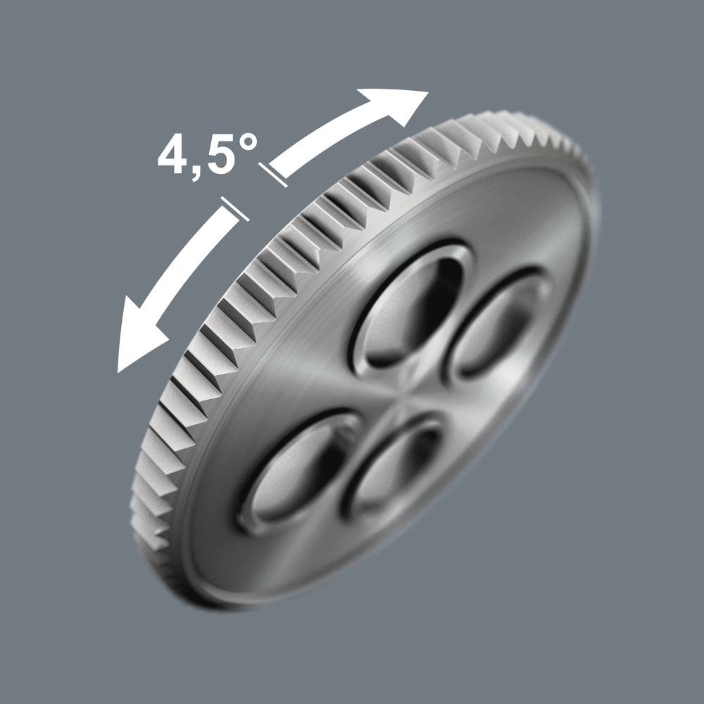 Roue dentée effectuant une rotation de 4,5° vers la droite, représentée par une double flèche, sur un fond gris.