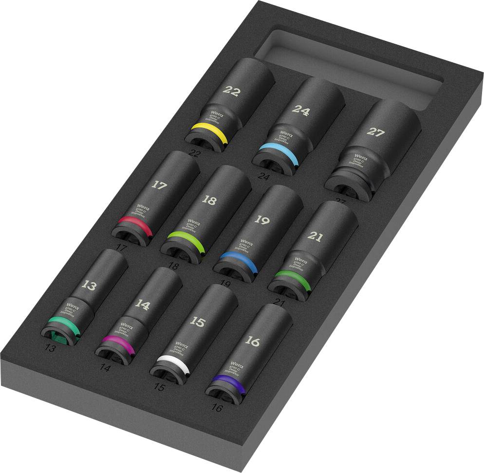 Une boîte contient douze cylindres noirs, chacun marqué de chiffres blancs et de rubans de différentes couleurs.