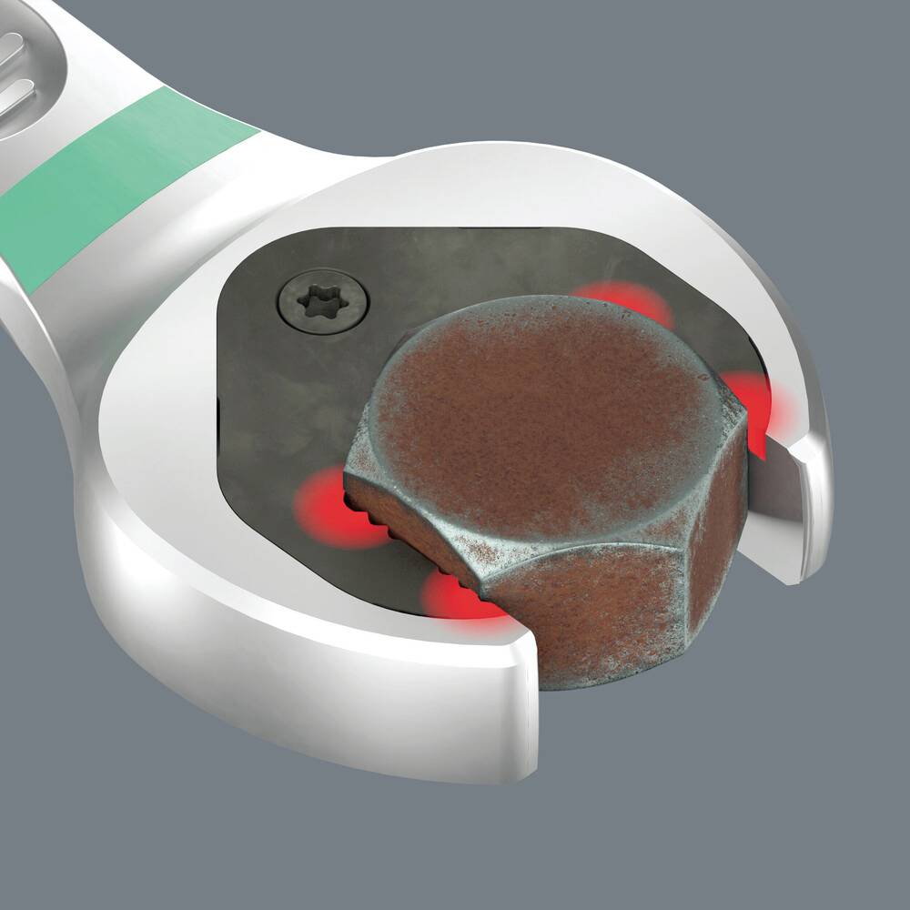 Une clé à molette entoure une vis rouillée, avec un éclairage LED rouge aux coins de l'écrou hexagonal comme point fort.