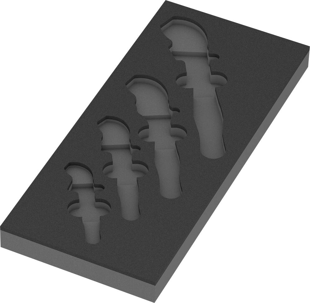 Quatre garnitures en mousse grise avec des découpes en forme d'outils, destinées au rangement sécurisé des outils dans un tiroir.