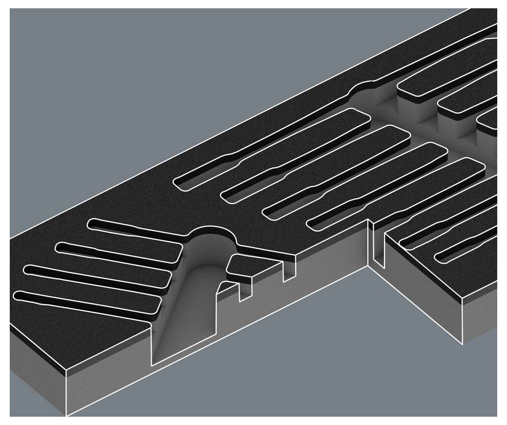 Représentation 3D d'une puce noire rectangulaire avec des structures en forme de canaux sur un fond gris, probablement pour des applications de microfluidique.