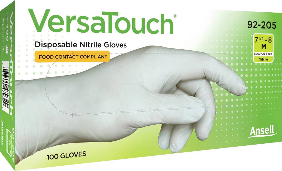 'Emballage de gants jetables VersaTouch en nitrile, taille M, non poudrés, conformes aux normes alimentaires, contient 100 gants.'