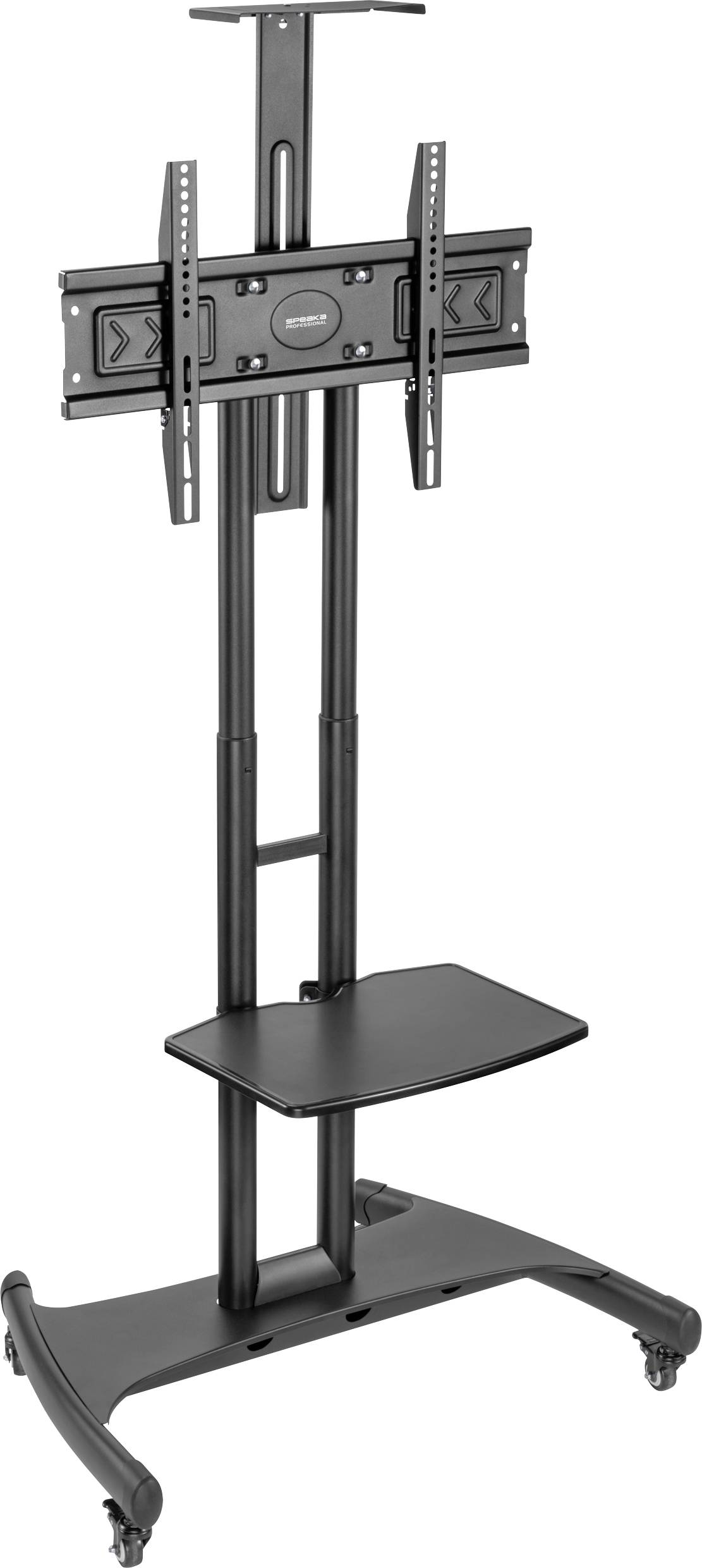 Un support de télévision mobile noir avec support d'écran réglable et tablette de rangement. Adapté aux écrans plats.