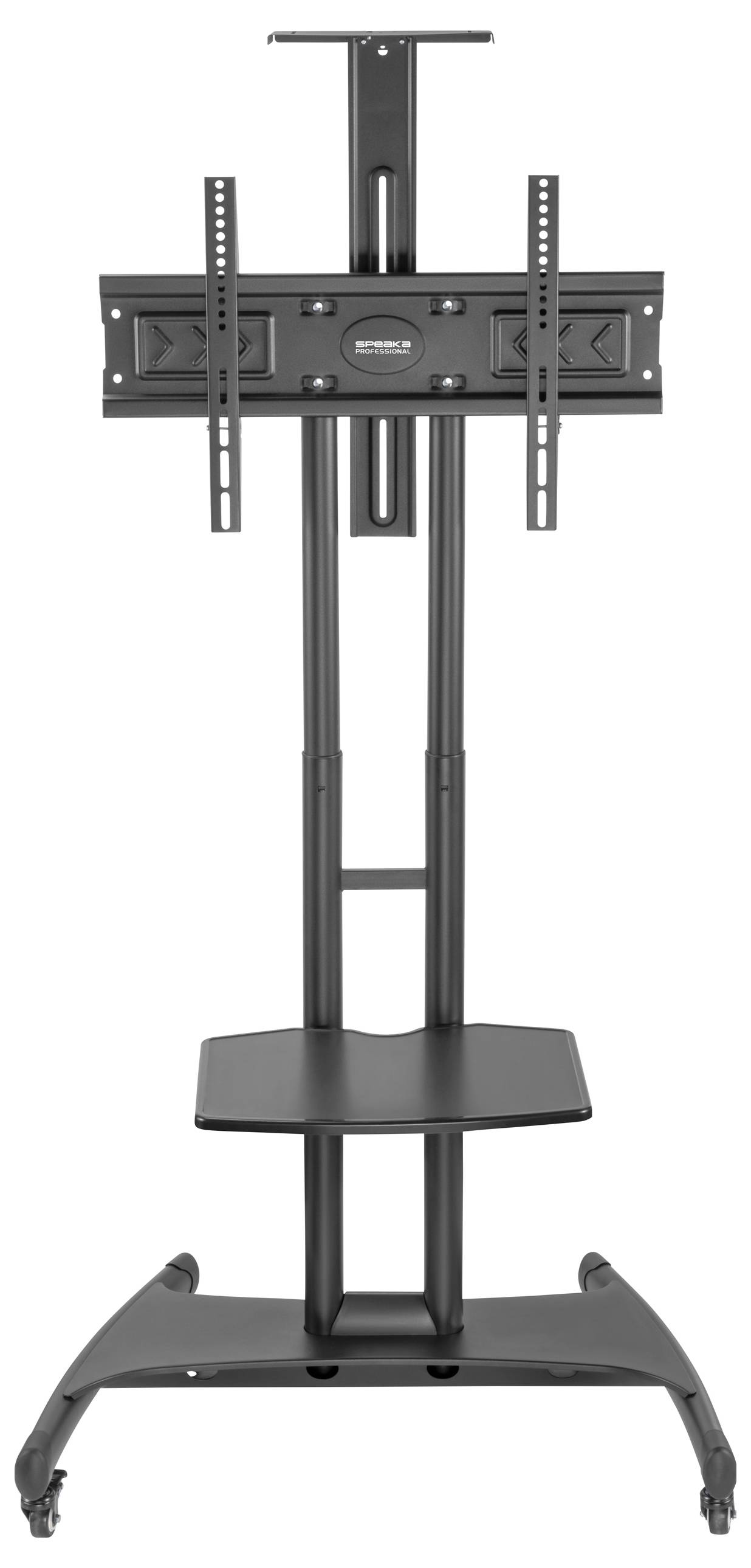 Un support de télévision noir sur roulettes, avec support réglable pour écrans et une étagère pour accessoires.