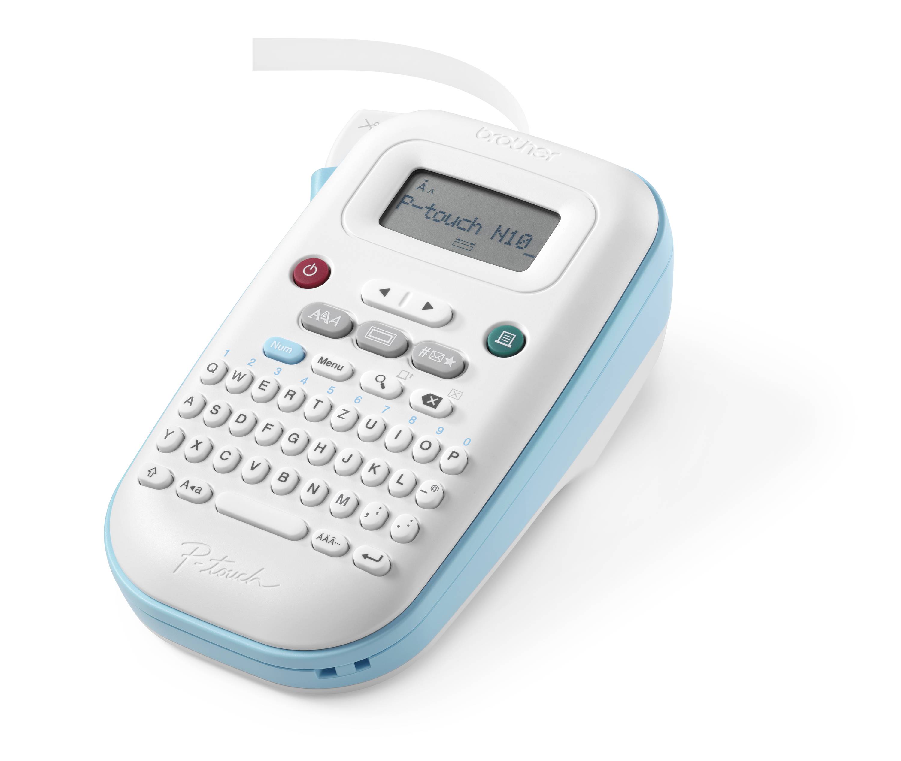 Un appareil d'étiquetage blanc et bleu avec un écran, un clavier numérique et un clavier QWERTZ, affichant 'P-touch N10' sur l'écran.