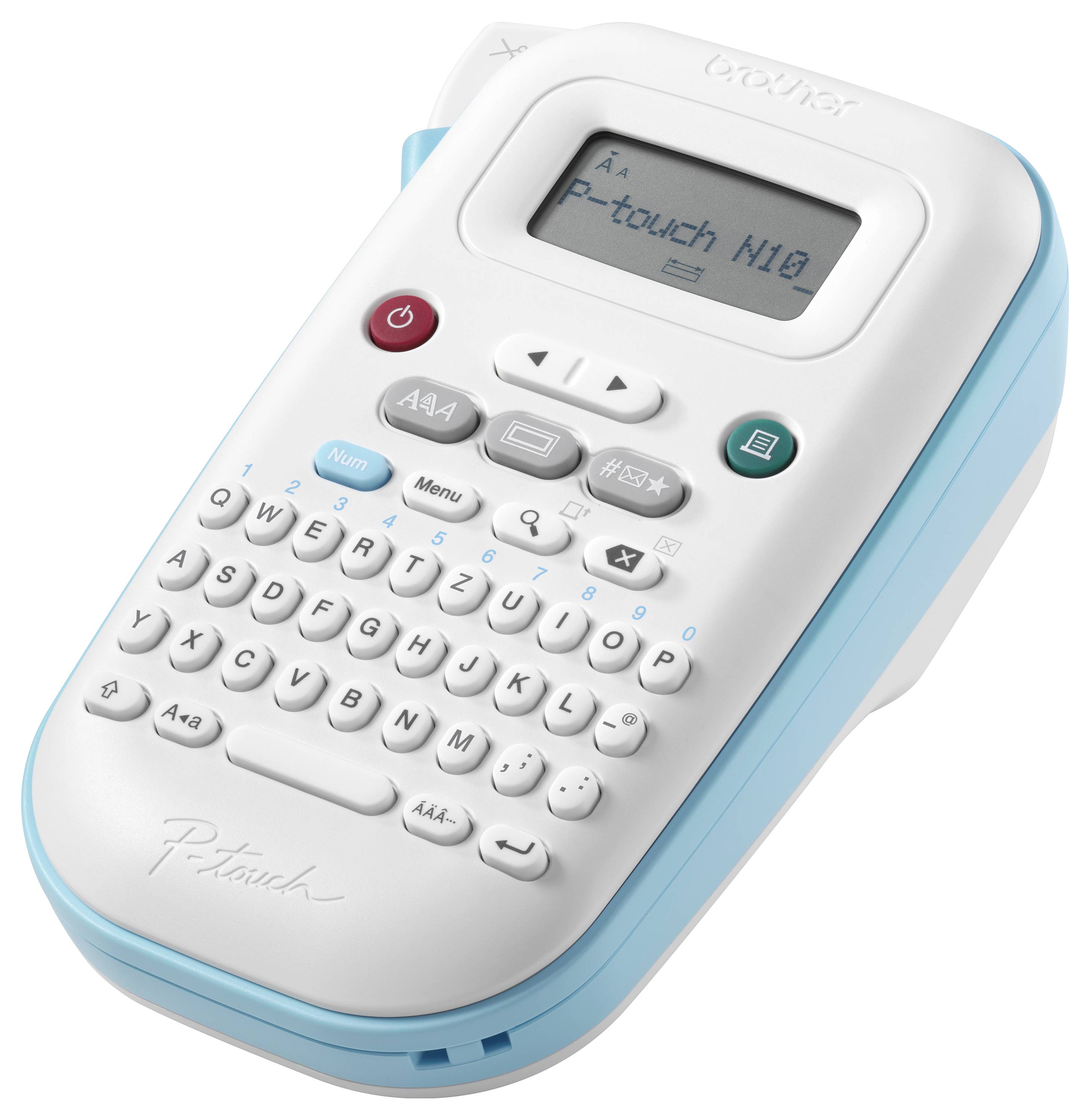 Imprimante d'étiquettes avec clavier alphanumérique, écran LCD et bordure de boîtier bleue.