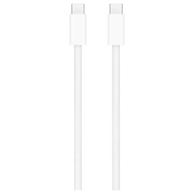 Un câble USB-C vers USB-C blanc avec une gaine tressée et des connecteurs argentés, posé à plat sur un fond blanc.
