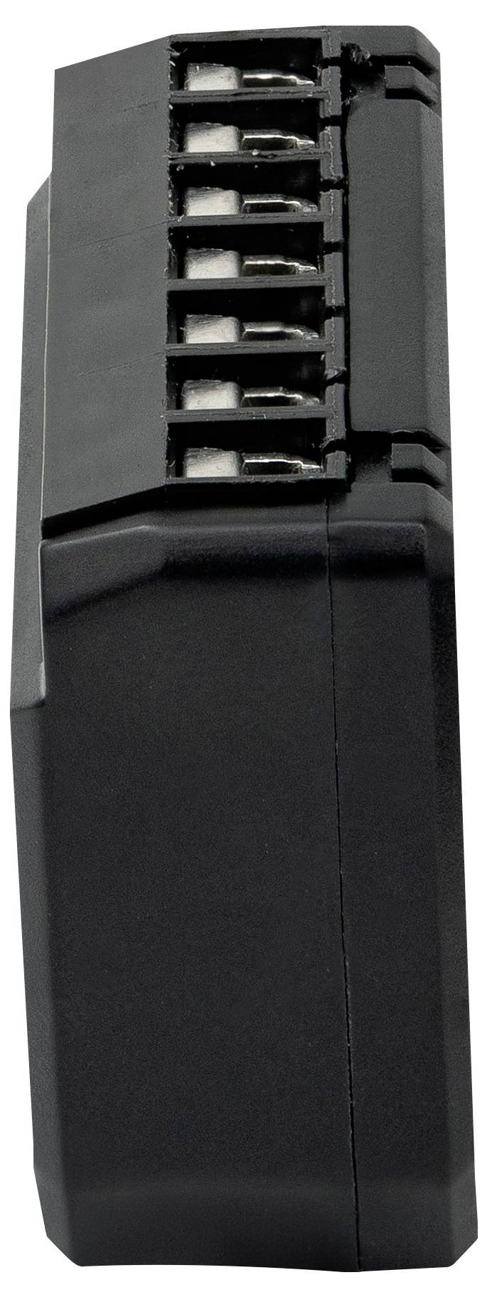 Un connecteur noir en plastique à six contacts métalliques, vu de côté. Idéal pour des applications industrielles ou électrotechniques.