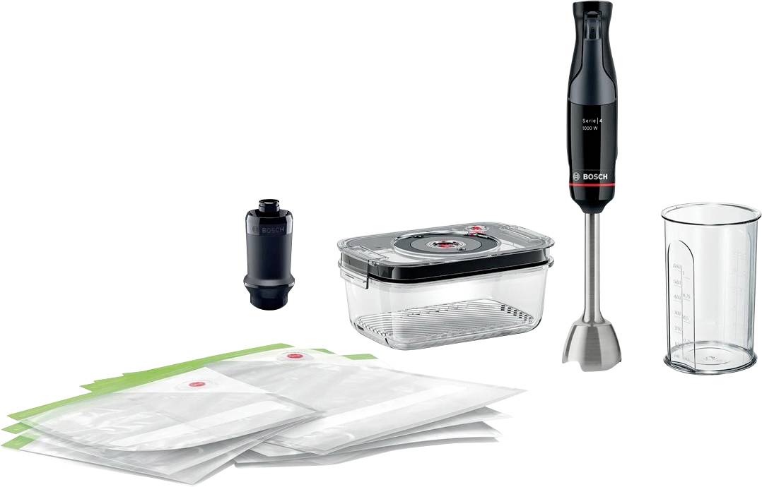Ensemble mixeur avec mixeur plongeant, bol mélangeur, appareil de mise sous vide, récipient sous vide et sachets de mise sous vide. Idéal pour mixer et mettre les aliments sous vide.