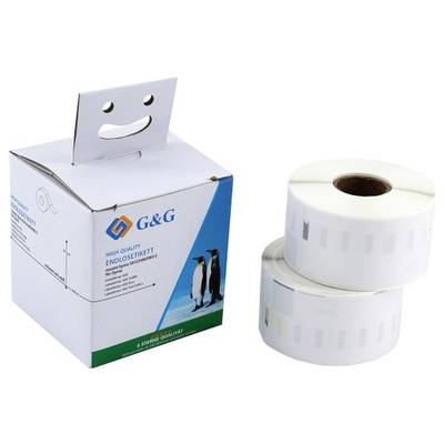 Carton avec logo 'G&G' à côté de deux rouleaux de papier étiquettes ; l'étiquette sur le carton affiche une image de pingouin. Emballage et contenu du produit visibles.
