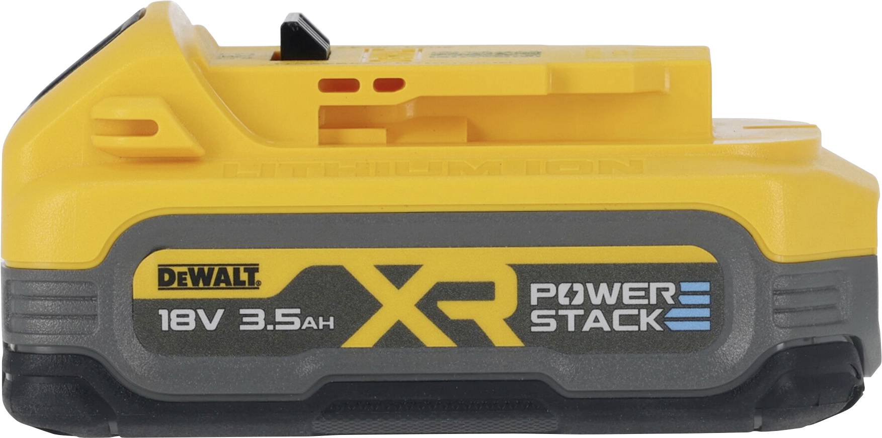 Batterie DeWalt, modèle 'XR PowerStack', 18V, 3,5Ah. Forme rectangulaire, jaune et noir. Utilisée pour les outils électriques.
