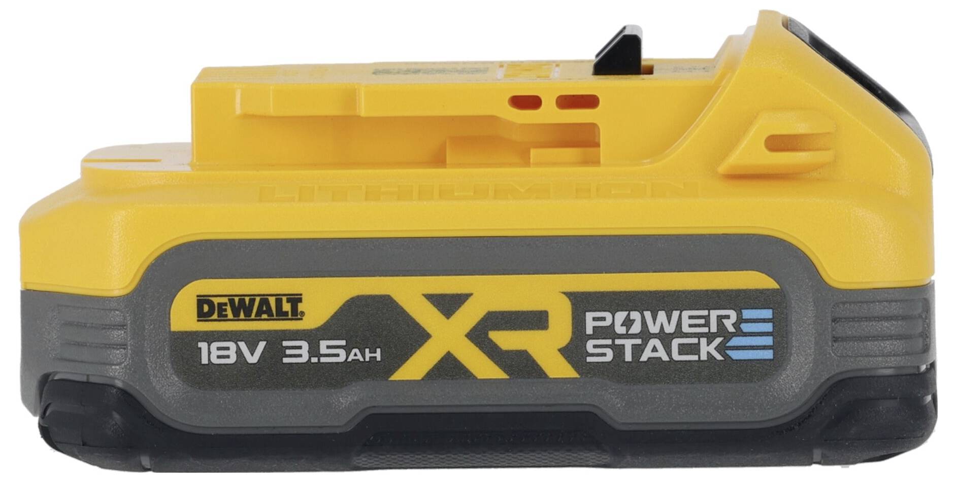 Batterie Dewalt 18V 3,5Ah XR Powerstack, jaune et noir, format compact pour outils électriques, améliore les performances et l'autonomie.
