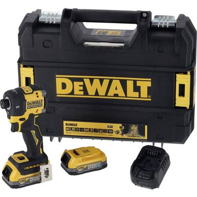 Ensemble de visseuse sans fil DeWalt, comprenant une visseuse sans fil, deux batteries, un chargeur et une mallette à outils.