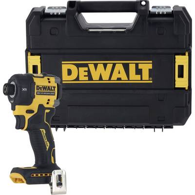 Un perceuse-visseuse DeWALT jaune et noir avec son coffret de transport assorti en arrière-plan.