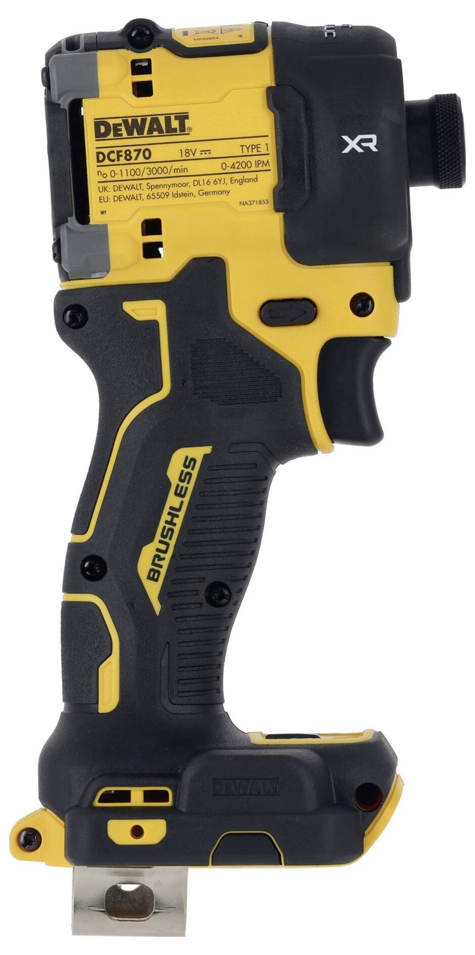 Visseuse sans fil en noir et jaune, marque Dewalt. Caractéristiques du modèle : 'DCF870', 'SANS BALAIS', puissante et compacte.