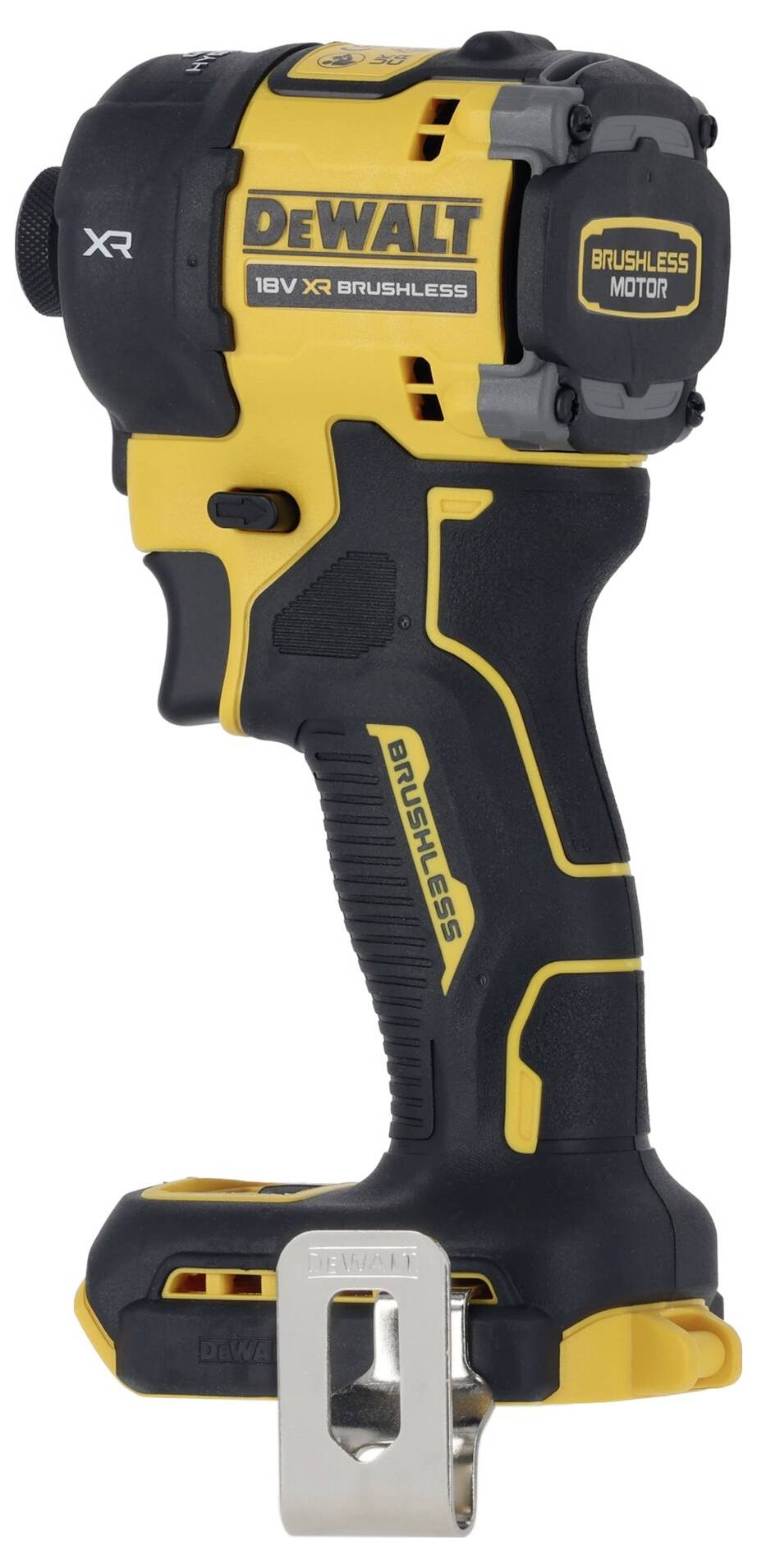 Perceuse-visseuse sans fil DeWalt, modèle 18V XR Brushless, noir et jaune, vue de côté.