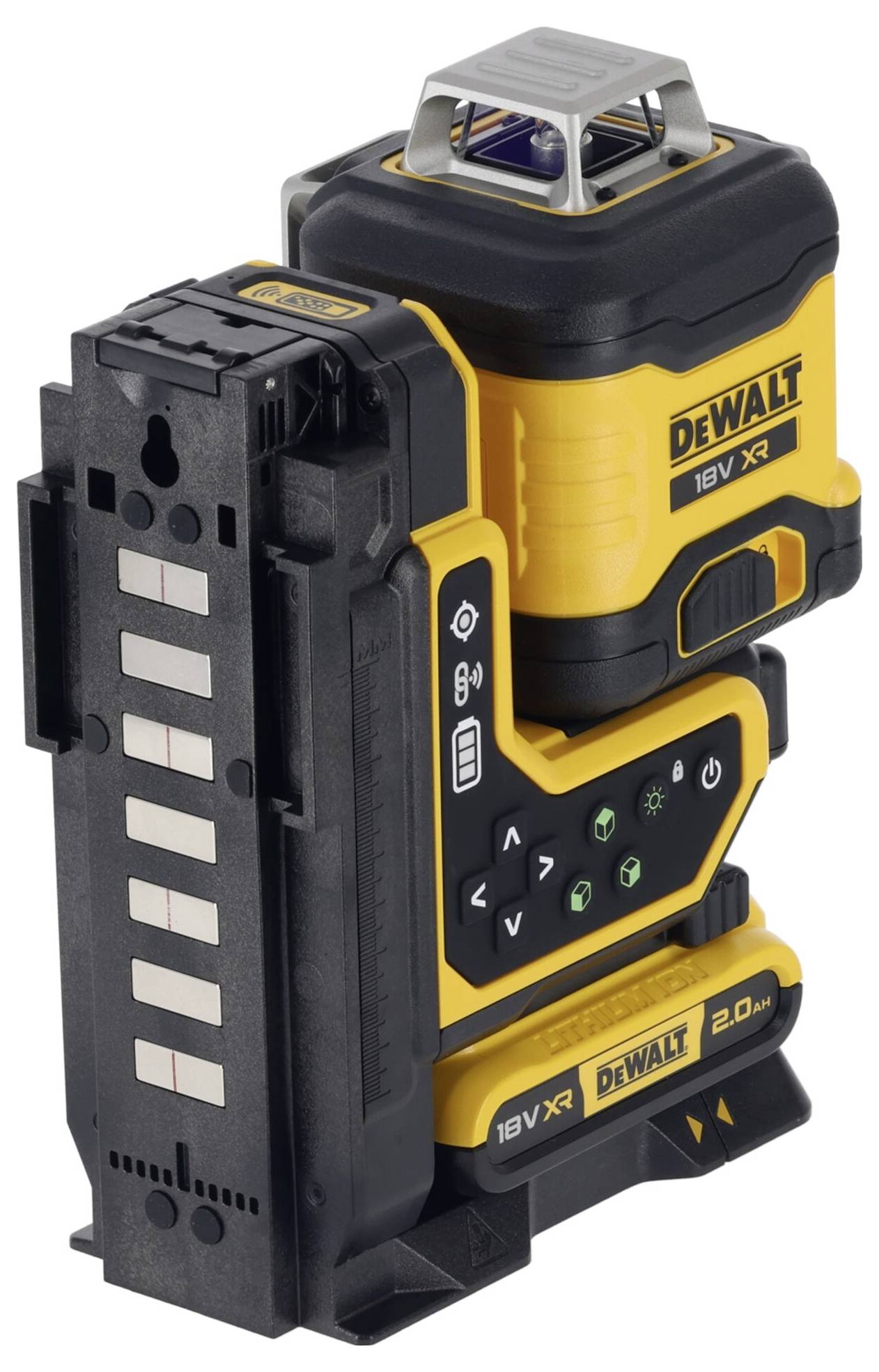 Un appareil laser Dewalt 18V XR avec affichage numérique et plusieurs touches de nivellement sur un boîtier noir et jaune.