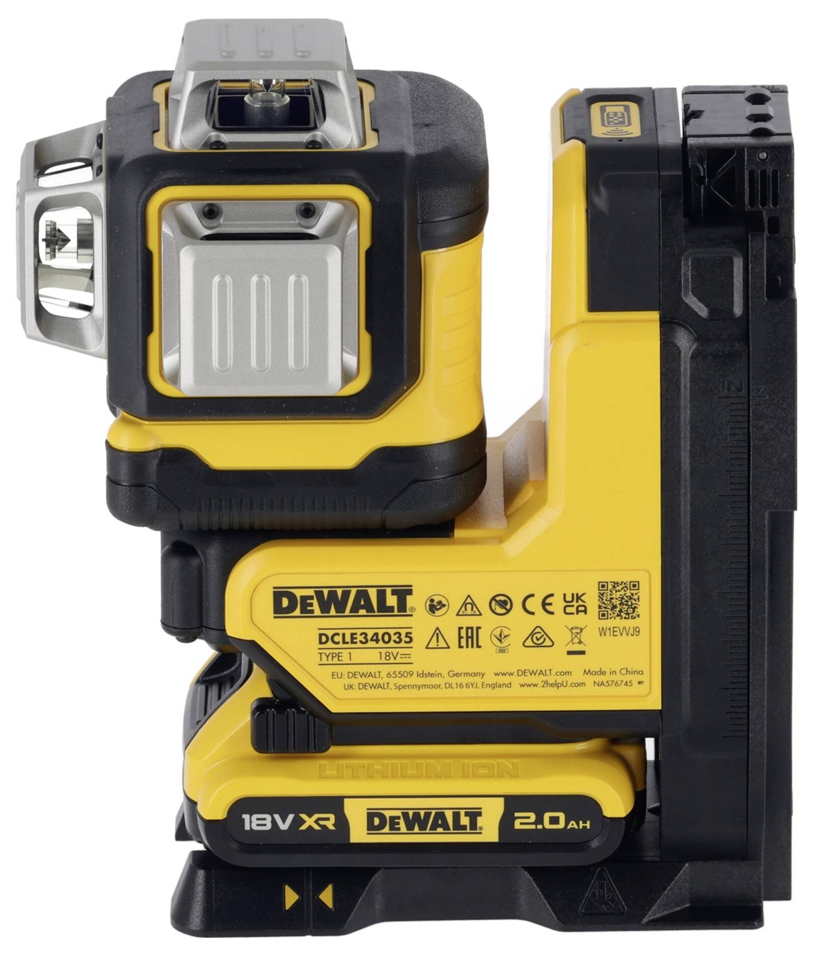 Un appareil jaune et noir de la marque DeWalt. Il s'agit d'un nivellement laser XR à ions lithium de 18V.