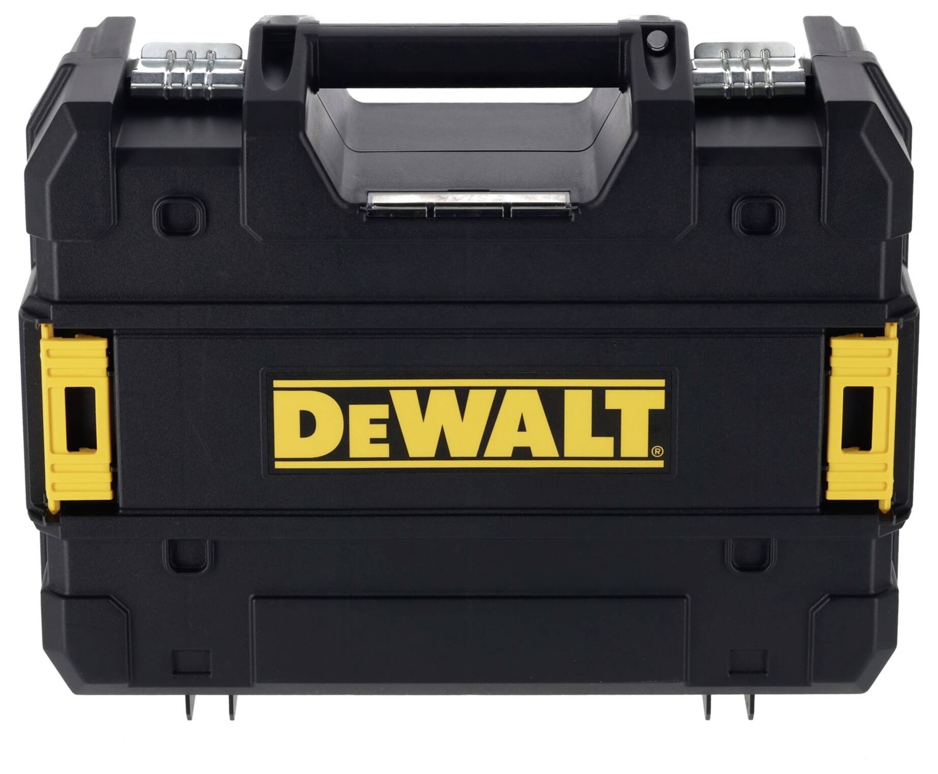 Coffre à outils noir de la marque DeWalt avec logo jaune et fermoirs robustes, adapté au rangement et au transport des outils.