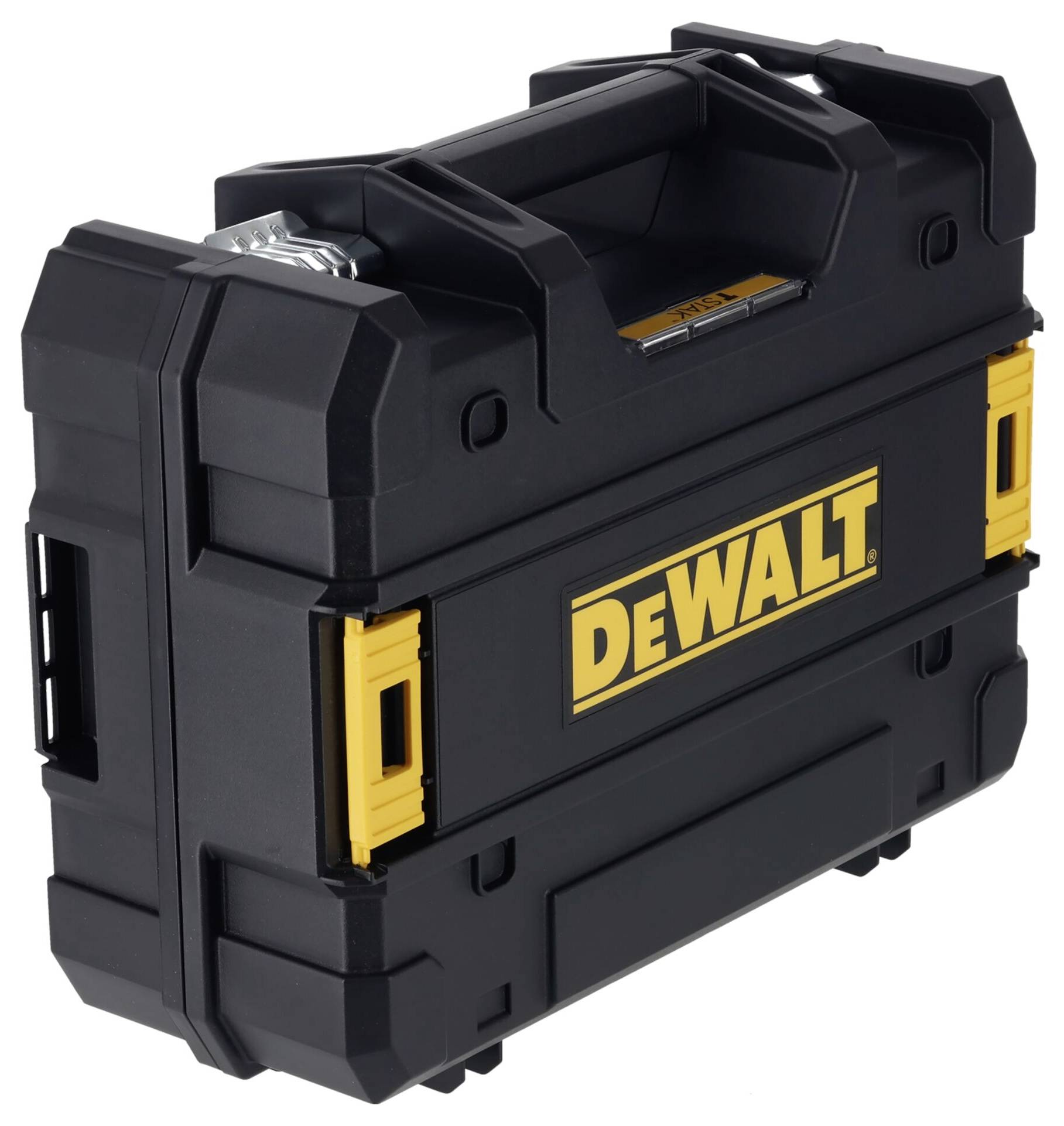 Boîte à outils Dewalt en plastique robuste avec des fermoirs jaunes et une poignée de transport.