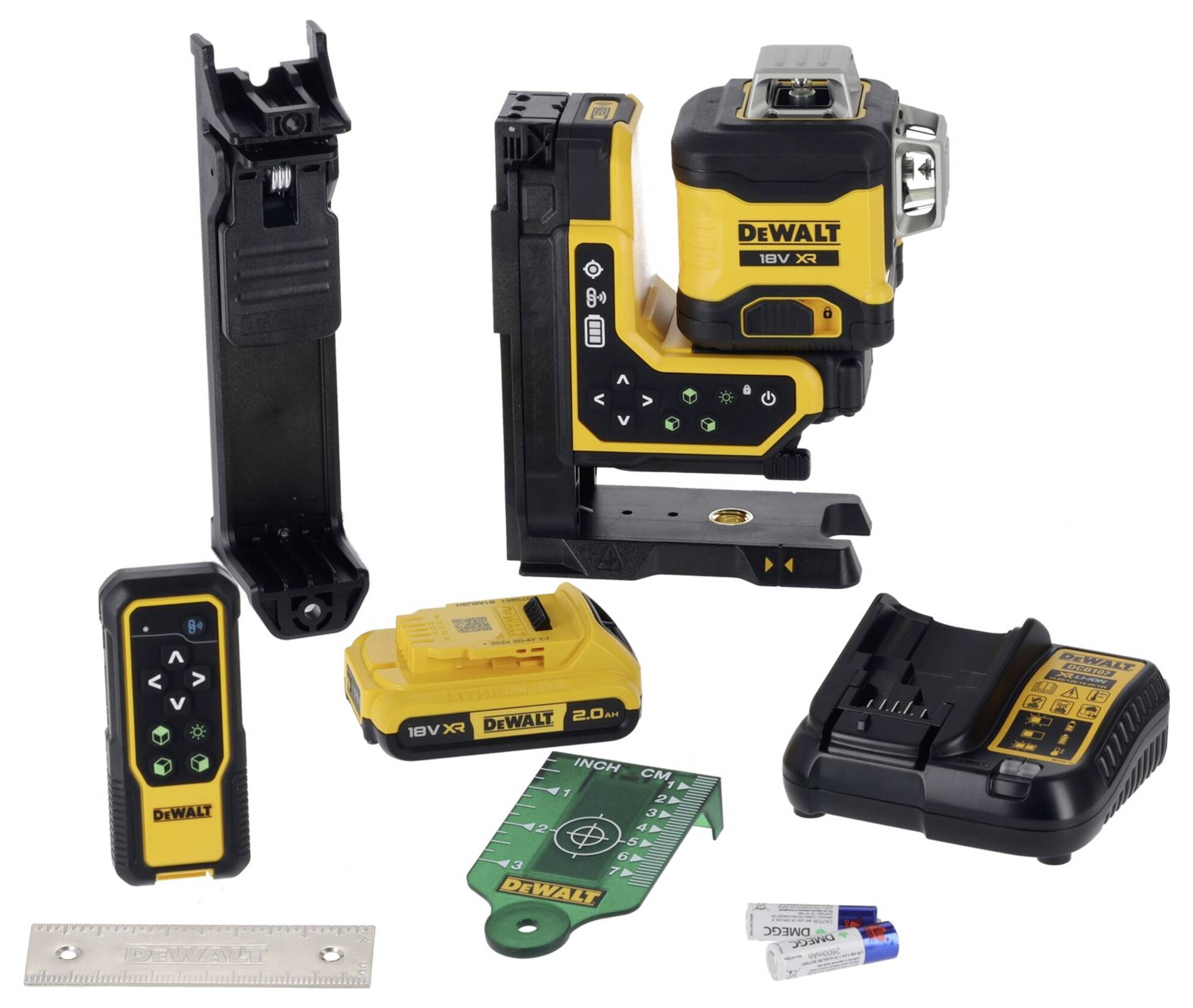 Ensemble d'outils laser avec chargeur, batterie, support mural et appareil de mesure. Appareil principal jaune et noir, marque DeWalt.