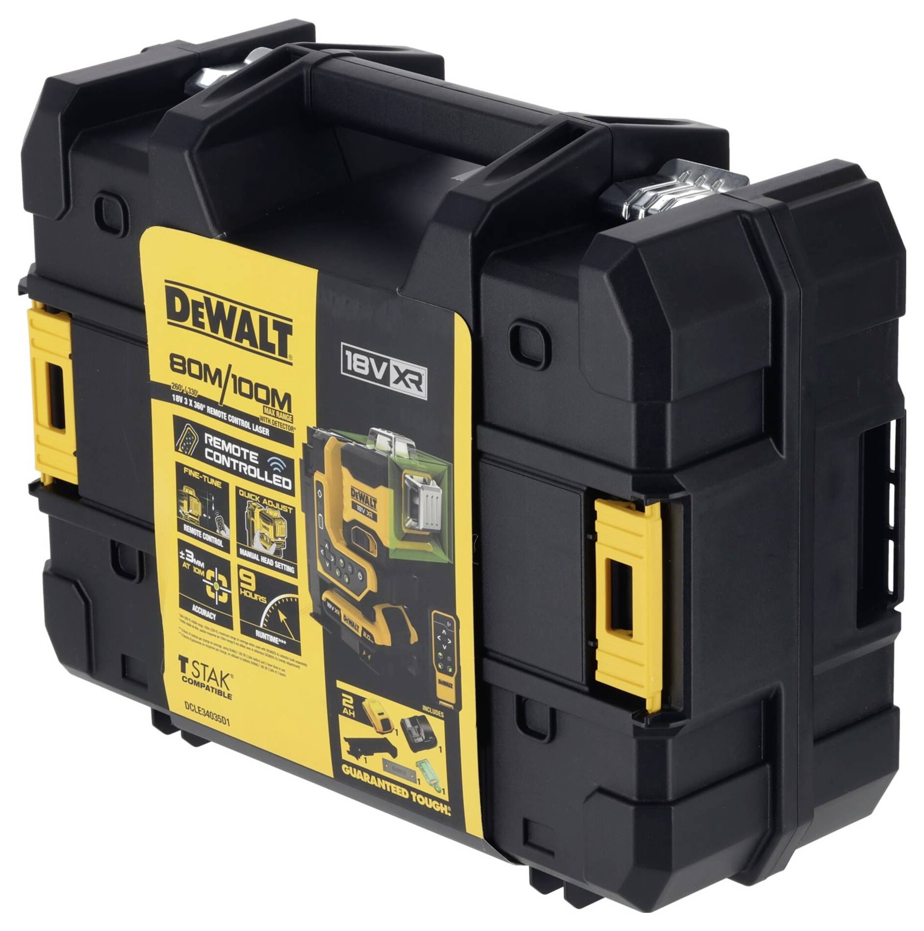 Coffret à outils noir avec poignées jaunes et logo DeWalt. L'autocollant affiche les informations produit d'un laser de lignage télécommandé.